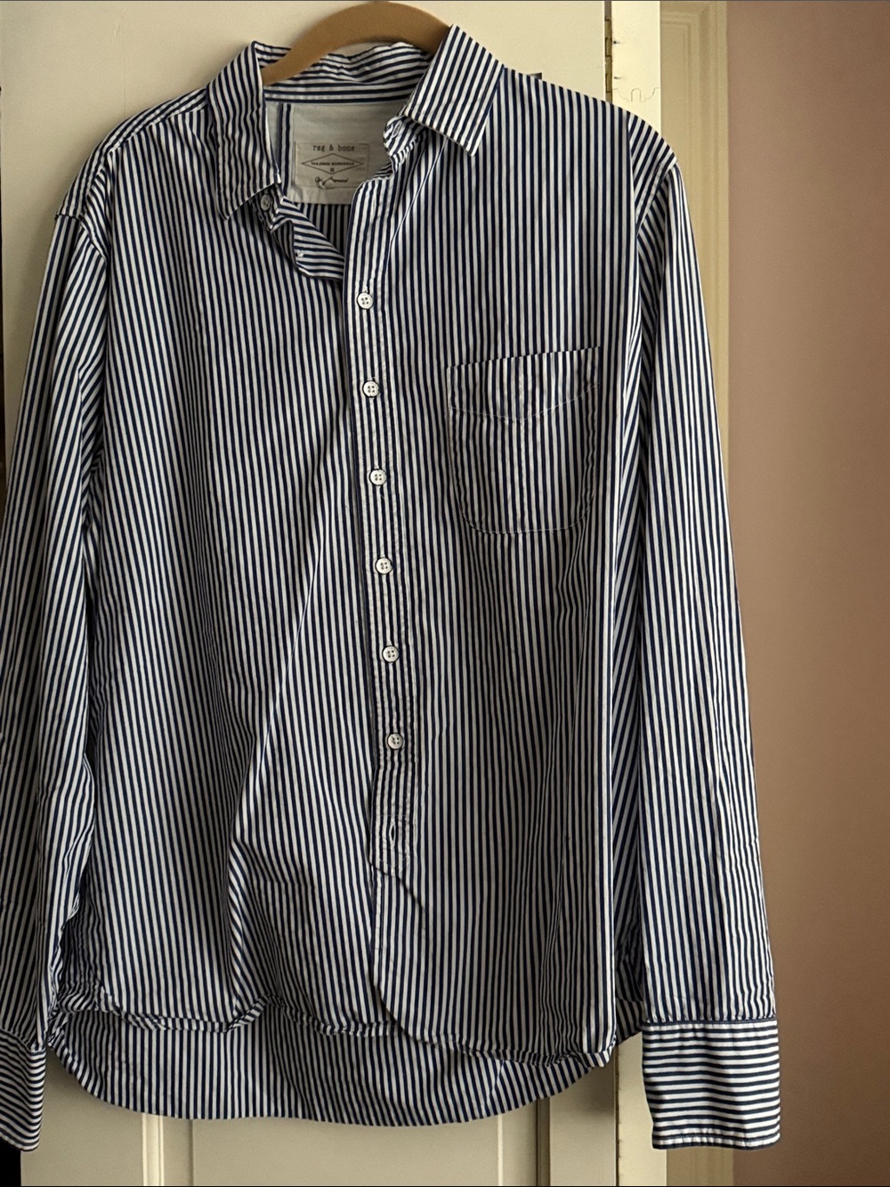 rag & bone Navy and White Vertical Stripe Button-Down Shirt